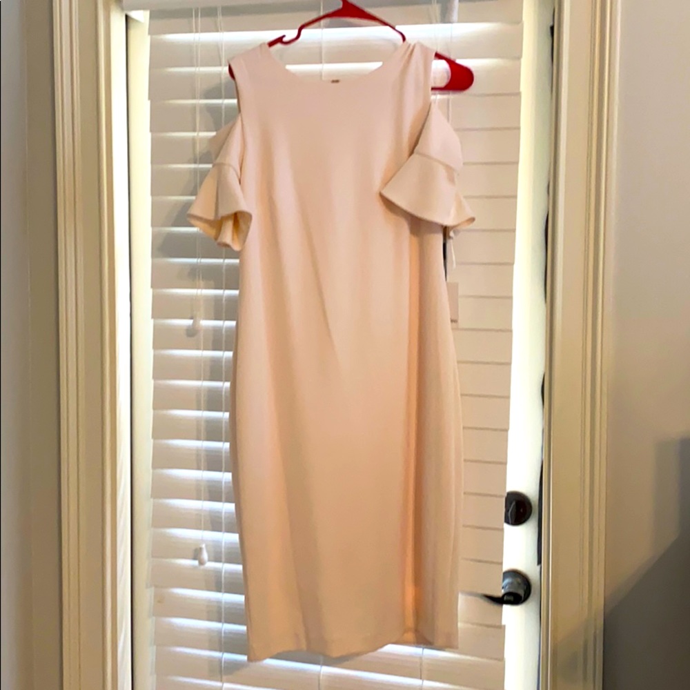 Calvin Klein shoulder baring tulip sleeve dress